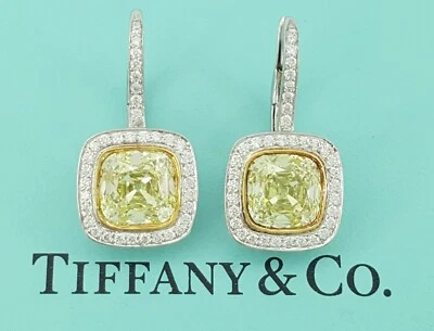 Tiffany & Co. Fancy Intense Yellow Cushion 4.32 ct Halo Dangle Earrings $140K - Image 1 of 4