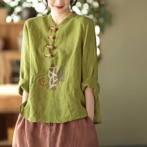 Ethnic Lady Embroidery Cotton Linen Long Sleeve T-shirt Blouse Top Retro Casual - Picture 1 of 19