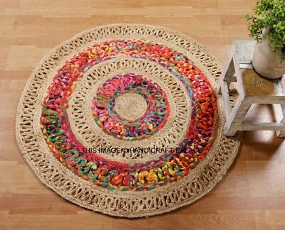 Indian Braided Floor Rug Boho Cotton Jute Mix 3x3 Feet Rug Round Floor Mat Rugs - Image 1 of 3