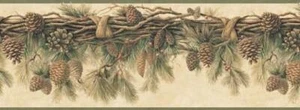 Wallpaper Border Lodge Pinecone Garland Green Brown on Tan - Picture 1 of 1