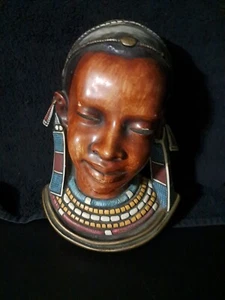 VINTAGE ACHATIT MID CENTURY WALL MASK AFRICAN LADY MASAI R.F.LONG - Picture 1 of 10