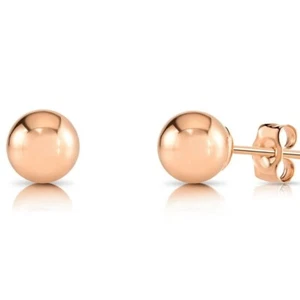 14K Real Solid Rose Gold Round Ball Bead Sleeper Stud Earrings Pushback 3mm-8mm - Picture 1 of 20
