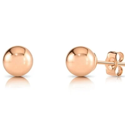 14K Real Solid Rose Gold Round Ball Bead Sleeper Stud Earrings Pushback 3mm-8mm - Image 1 of 4