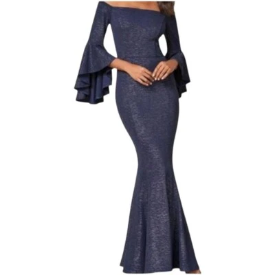 Maxi Vestido Venus Sirena Hombro Descubierto Talla 4 Azul Marino Metálico Plateado Nuevo Foto 1 de 4