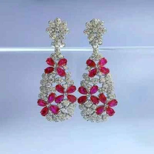 Drop & Dangle 3Ct Pear Cut Lab-Created Red Ruby Earrings 14K White Gold Plated - Picture 1 of 8