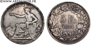 Schweiz - 5 Francs Helvetia sitzend 1874 Brüssel - Bild 1 von 1