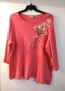 Quacker Factory T shirt donna ricamata 2X ROSA margherita manica lunga - Foto 1 di 7