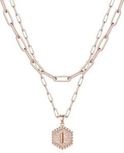 14K Rose Gold Plated Hexagon Initial Letter I Layered Pendant Necklaces Jewelry - Picture 1 of 6