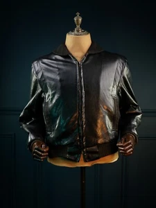 Vintage 50s Duofon Vinyl Faux Fur Black Bomber Campus Leather-Style Jacket “M” - Imagen 1 de 19