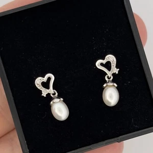 18ct White Gold Pearl & Diamond Cluster Drop Dangle Earrings - Picture 1 of 5