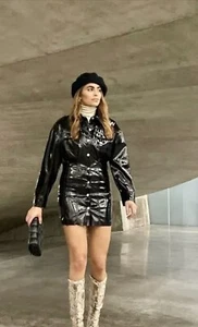 Zara Black Patent Vegan Faux Leather Mini Dress M UK12 Bnwt - Picture 1 of 7