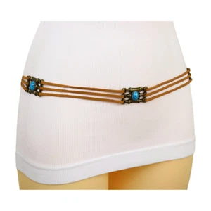 Donna Marrone Camoscio Sintetico Chic Look Cintura Oro Pendente Turchese Blu M L - Foto 1 di 24