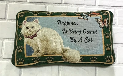 Pillow Vintage Tapestry Happiness is Being Owned By A Cat Green Rectangle - Image 1 of 4