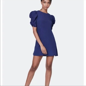 Billie the Label Helena Mini Dress NWT Short Puff Sleeve Round Neck A Line Blue - Picture 1 of 8
