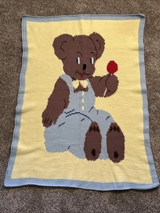 VTG? Crocheted Graphghan Afghan Blue Yellow Teddy Bear Baby Blanket - Picture 1 of 6