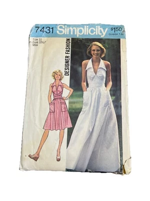 SIMPLICITY 7431 HALTER DRESS IN 2 LENGTHS SEWING PATTERN  SZ 10/32.5” 1970’s FF - Image 1 of 4