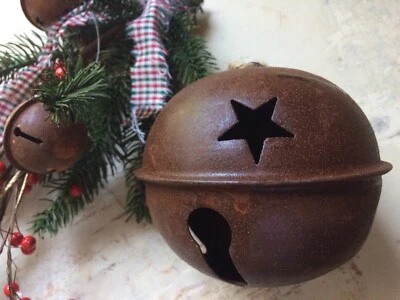 JINGLE BELL BELLS 5.5" 5 1/2 in Primitive Rusty Tin 139mm Christmas Crafts Jute - Image 1 of 4
