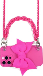3D Bow Case für iPhone 16 Pro Max mit Handschlaufe & Lanyard, Silikon, Hot Pink - Bild 1 von 9