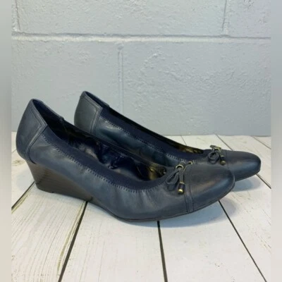 Lauren Ralph Lauren Shaylee 露趾蓝色皮革楔形女式 9 码 — 第 1/4 张图片