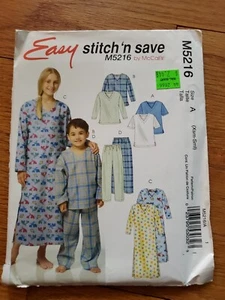 Easy Stitch 'n Save (McCall's) Pattern M5216, Size A Sxm-Sml Nightwear,New FF - Picture 1 of 2