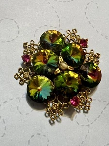 Große Brosche Wassermelone Rivoli rot Strass Kunstperlen goldfarben Vintage 1960 - Bild 1 von 14