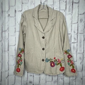 Caite Embroidered Linen Jacket Size L Floral Utility Boho Pockets Button Western - Picture 1 of 8