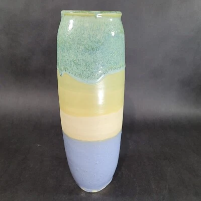 Jarrón de cerámica Studio Art esmalte por goteo azul amarillo verde 12" de alto lanzado a mano Foto 1 de 4