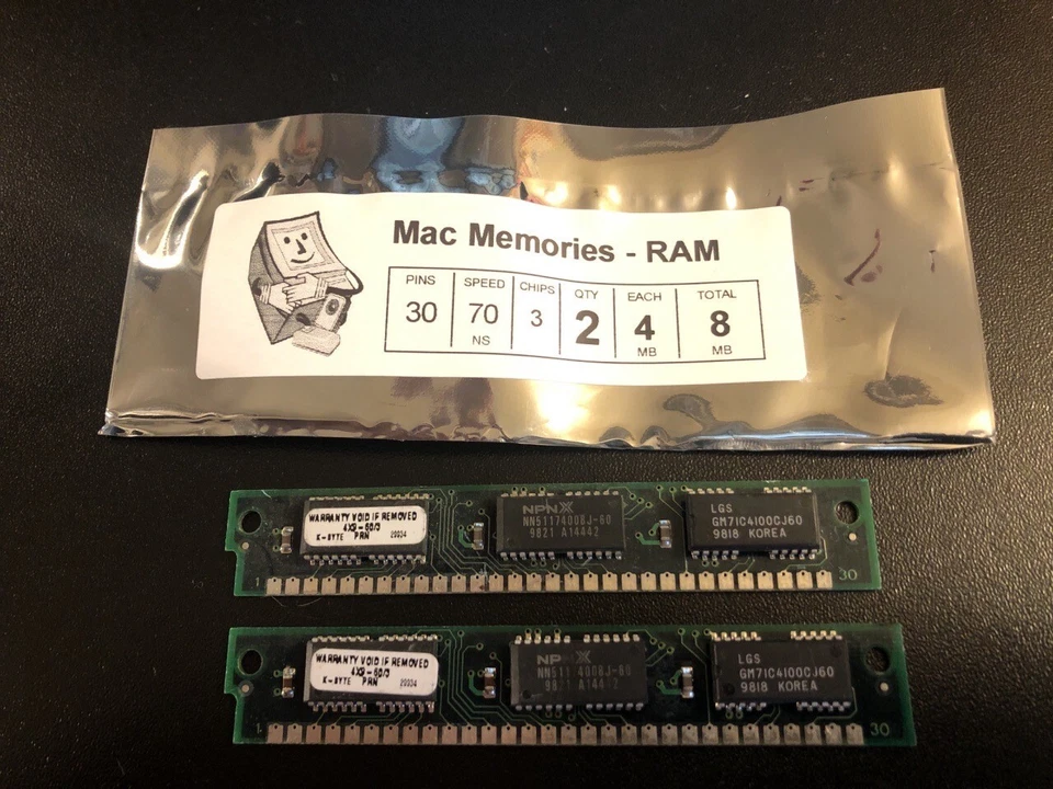 2x 4MB 30-Pin 3-Chip Parity 70ns 4Mx9 LC CC FPM Memory 8MB Apple Mac LC RAM - Image 1 of 3