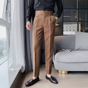 Pantalone uomo vita alta plissettato gamba dritta pantalone affusolato slim fit casual - Foto 1 di 16