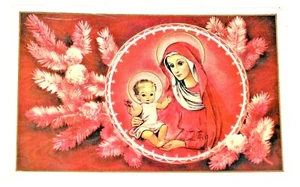 Religious Merry Christmas Greeting Card Pink & White Pine Tree With Mary Jesus  - Picture 1 of 3