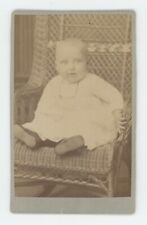 Antique CDV Circa 1870s Adorable Baby in White Dress Sitting in Wicker Chair