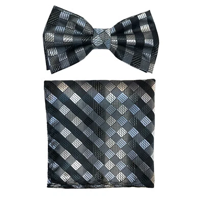 Conjunto de pajarita y pañuelo preatado de microfibra para hombre a cuadros gris formal Foto 1 de 4
