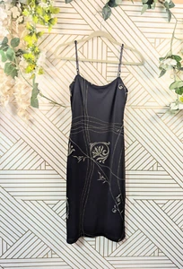 BCBG Vintage Y2K Grunge Whimsical Dress Beaded  Black Printed Leather Strap SZ 2 - Picture 1 of 7