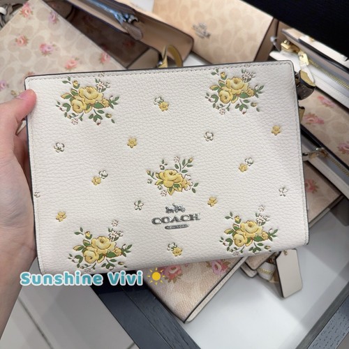 Borsa a tracolla Coach CAQ27 slim nuova con etichetta con stampa floreale pelle ciottoli gesso multi