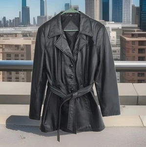 Jacquline Ferrar Echtleder Damen Jacke mit Knopfleiste, Large, schwarz, mit Gürtel - Bild 1 von 11