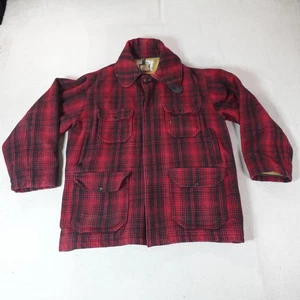 Vintage Woolrich Jacket Mens 44 Red Black Plaid Wool Mackinaw Cruiser 80s 503 - Picture 1 of 18