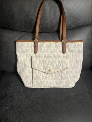 Michael Kors Jet Set Large Snap Pocket Tote Purse Shoulder Logo Monogram Bag - Image 1 of 4