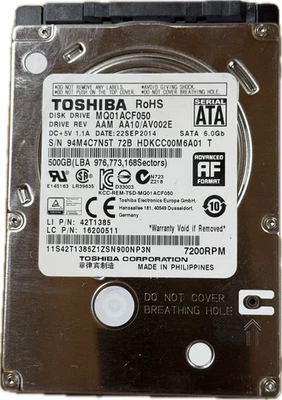 Toshiba 500GB, Internal, 7200 RPM, 2.5 in (MQ01ACF050) Hard Drive - Image 1 of 3