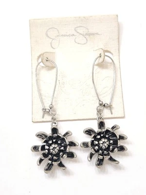 New Jessica Simpson Signed Silver Floral Flower Statement Dangle Drop Earrings  - Image 1 of 4