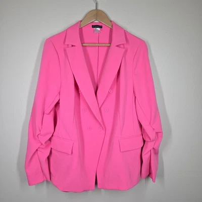 Jaqueta Blazer Venus Rosa Quente Barbiecore Botão Duplo Peito 18 Mangas Ruched - Imagem 1 de 4