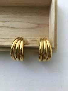ANNE KLEIN Vintage Gold Triple Loop 1 1/4" Pierced Earrings - Picture 1 of 5