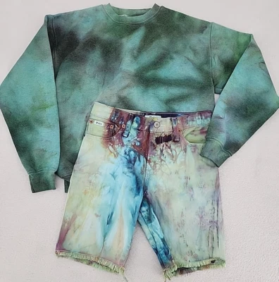 Boy's Procion Ice Tie Dye Outfit Polo Shorts 10-12 Hanes XL Sweater Upcycled - Image 1 of 4