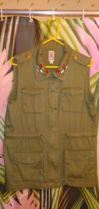 Chaleco DECREE Verde Ejército Caqui Algodón Lentejuelas Piedras Adornado Damas XL - Imagen 1 de 3