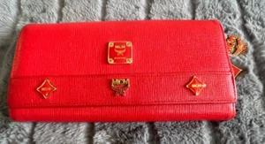 MCM Red Logo Long Trifold Wallet Studded Charm - Picture 1 of 6