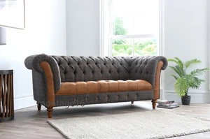 Bespoke Montrose Button Back Seat Chesterfield Tan Leather Harris Tweed Sofa - Picture 1 of 16