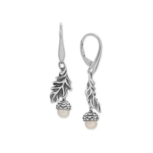 Authentic 925 Sterling Silver Pearl Acorn and Leaf 1.59" Leverback Earrings - Picture 1 of 1