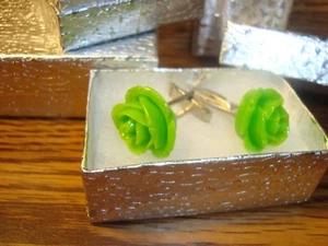 1 Pair #2 GREEN Rose Flower Design Hamilton Silver Plated Cuff links W/Gift Box  - Picture 1 of 3