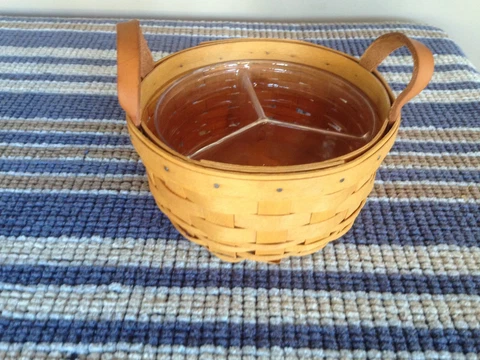 1998 Longaberger Basket, 6.5” Round x 3, Leather Straps, 3 Divider Liner Cover