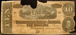 AUTHENTIC 1864 SERIES CONFEDERATE STATES OF AMERICA $10.00 NOTE T-68 CIVIL WAR- - Picture 1 of 2