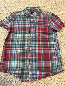Ralph Lauren Boys Short Sleeve Button Down Shirt Plaid Red Green Pony Size: 7 - Picture 1 of 8